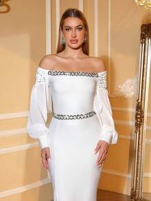 Love Aing 女士白色手工水钻露肩优雅长袖婚礼伴娘晚礼服，奢华高端礼服