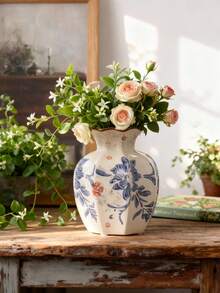 1 pieza Jarrón de cerámica vintage azul y blanco pintado a mano - Decorado con un patrón floral de cabaña rural, adecuado para arreglos florales, perfecto como acento para la decoración del hogar en estilo bohemio. Ideal para exhibiciones florales en la sala de estar, mesa de comedor, estudio, oficina, alféizar de la ventana, bodas y talla grande. - multicolor - Ver 8