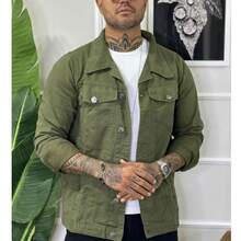Men's Military Green Casual Jacket With Pockets And Buttons - 軍綠色 - 查看 4