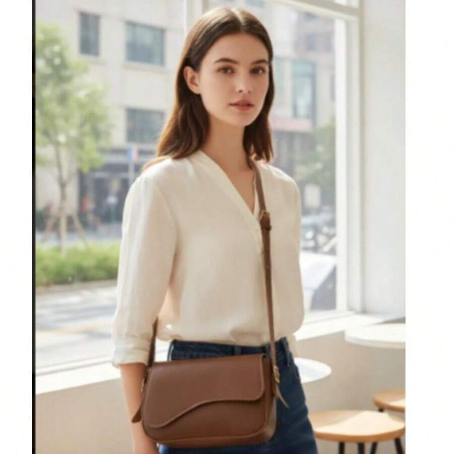 Stylish Women's Baguette Shoulder Bag With Front Detail - Mocha Brown - View 1