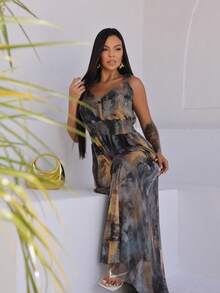 Women's Tulle Tank Top Jumpsuit With A Waistband, Gray/Yellow - Grey - View 2