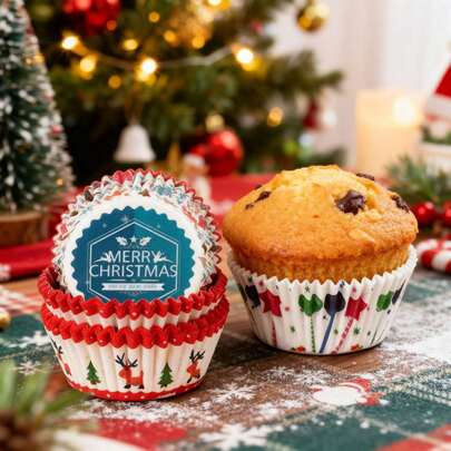 Copos de papel para bolo de Natal, vários copos de papel com estampas gráficas, utensílios para confeitaria, bandejas de papel à prova de óleo para bolo de Natal