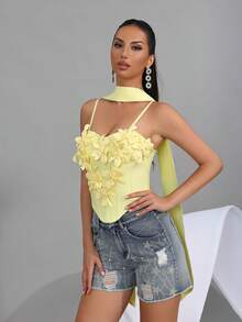 Nuevo top de tirantes con diseño floral 3D, ajustado, espalda descubierta, deseo puro, sexy, con escote de espina de pescado, para fiestas formales, banquetes, cumpleaños, carnavales