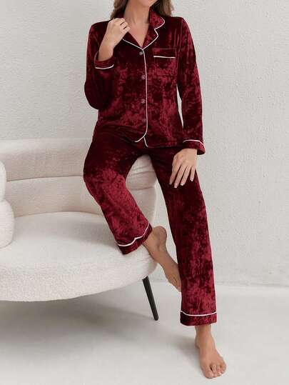 Women's Solid Color Fleece Collar Pocket Long Sleeve Top & Long Pants Pajama Set, Autumn/Winter, Cozy Clothes