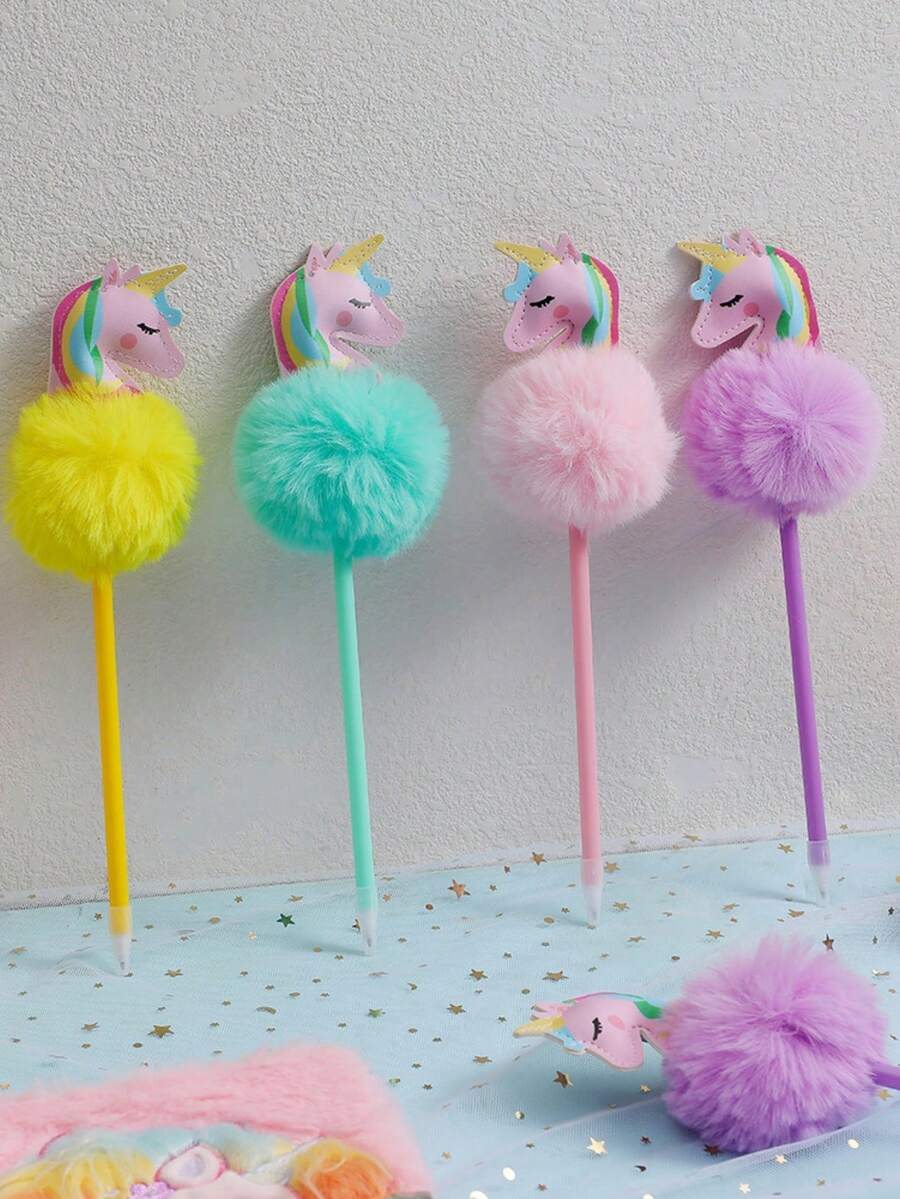 1PC卡通独角兽毛毛圆珠笔小学生可爱书写笔圆珠笔儿童文具礼物笔女生手账笔