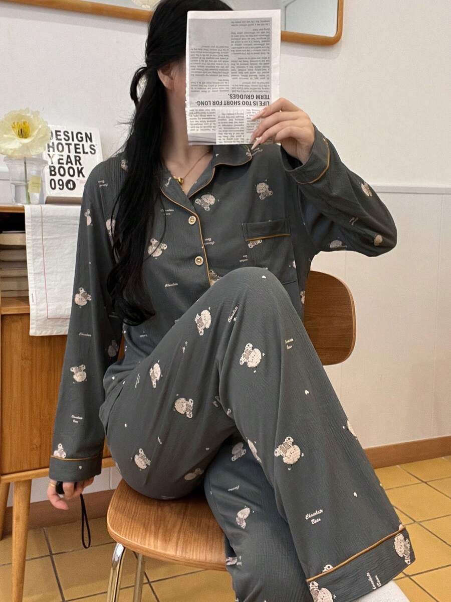 2pcs Women Pajama Set, Collared Cardigan Sleepwear, Long Sleeve Top With Dog Animal Print, Full Length Pants With English Style Print, Comfortable & Fashionable For Home & Leisure, Suitable For Spring, Autumn & Winter - Dark Grey - View 1
