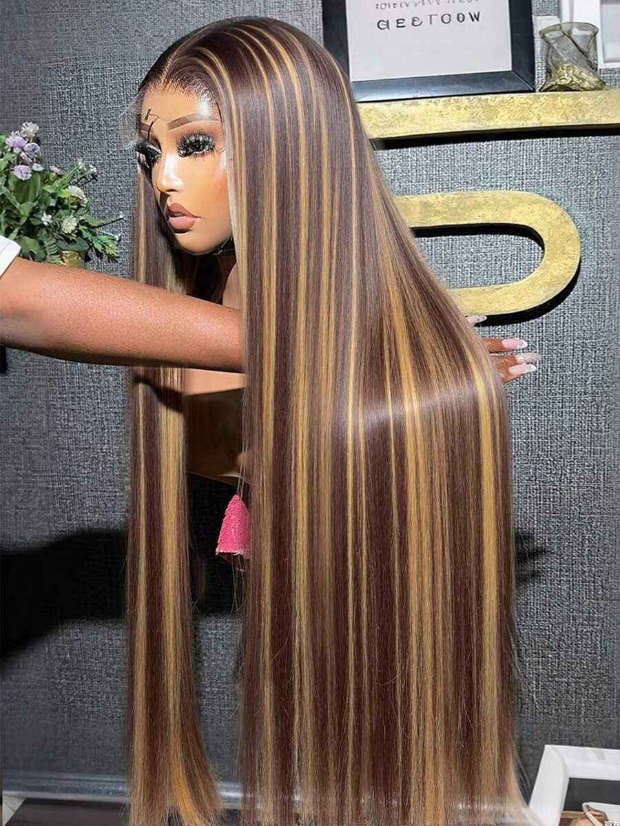 13x4 Ombre Lace Front Wigs Human Hair For Women 250 Density 4/27 Highlight Colored HD Transparent 34 Inch Straight Lace Front Wig Human Hair Pre Plucked Glueless Lace Frontal Wigs - S4/27 - 查看 1