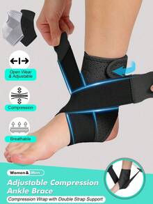 1 Pc - Adjustable Compression Ankle Brace Compression Wrap With Double Strap Support - Ankle Support Brace For Running, Basketball, Fitness, Daily Work, Life, Men & Women, Dual Strap Support For Outdoor Activities- Breathable OK Fabric- Grey/Black