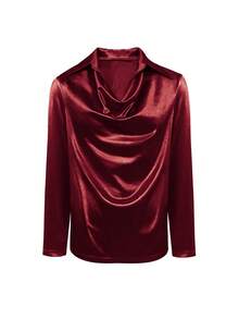 Elegant Satin V - Neck Shirt - Stylish Long - Sleeve Blouse For Women, Suitable For Casual & Sophisticated Office Commute Silk Fabric Fall Shirt