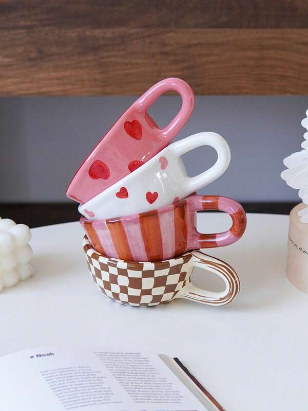 1pc Rose Stripe Ceramic Mug Featuring An Asymmetrical Heart Design, Checkerboard Pattern, And Striped Ceramic Coffee Cup. Exquisitely Crafted With High Aesthetic Appeal, Suitable For Daily Household Use: - Morning Water Cup - Breakfast Milk Mug - Afternoon Tea Latte Art Cup Ideal As A Gift.