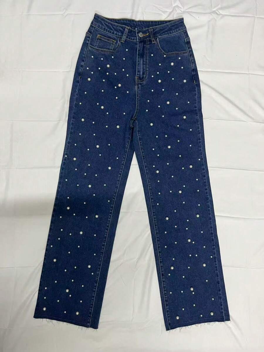 Pantalones casuales anchos de pierna ancha con diseño de denim azul de mujer, estilo callejero europeo y americano de moda Em E Em con adorno de cintura alta
