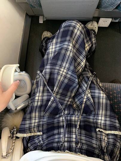 Grey-Blue Plaid Straight Leg Casual Pants With Drawstring, Loose Wide Leg Trousers, Suitable For Winter, Christmas, New Year Outfits