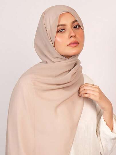 1pc Women's Solid Color Pearl Chiffon Soft Headscarf, Casual Arabic Style Long Scarf, Conservative Plain Head Wrap, Suitable For Daily Use For Dress