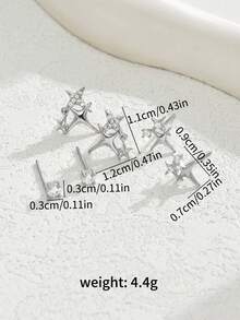 3 Pairs Shiny Star & Cross Star Stud Earrings, Fashionable & Elegant For Daily, Casual, Party Wear - Silver - View 4