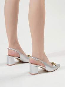 女式简约后绑带性感派对高跟鞋，时尚金属装饰粗跟尖头黑色高跟鞋，适合圣诞节、新年、秋冬婚礼、户外度假 - 銀色 - 查看 6