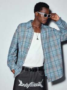 男士柔软舒适休闲蓝棕色格子长袖翻领衬衫，春秋季 - 彩色 - 查看 3