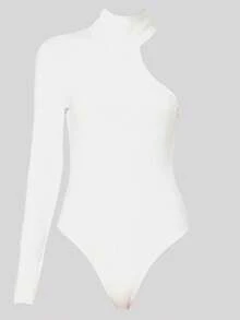 Solid Color Asymmetric Neckline Bodysuit White Elegant Fall - White - View 4