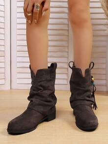 2025 Western Ruched Ankle Boots For Women, Autumn/Winter Vintage Cowboy Riding Boots With Buckle, Holiday Style