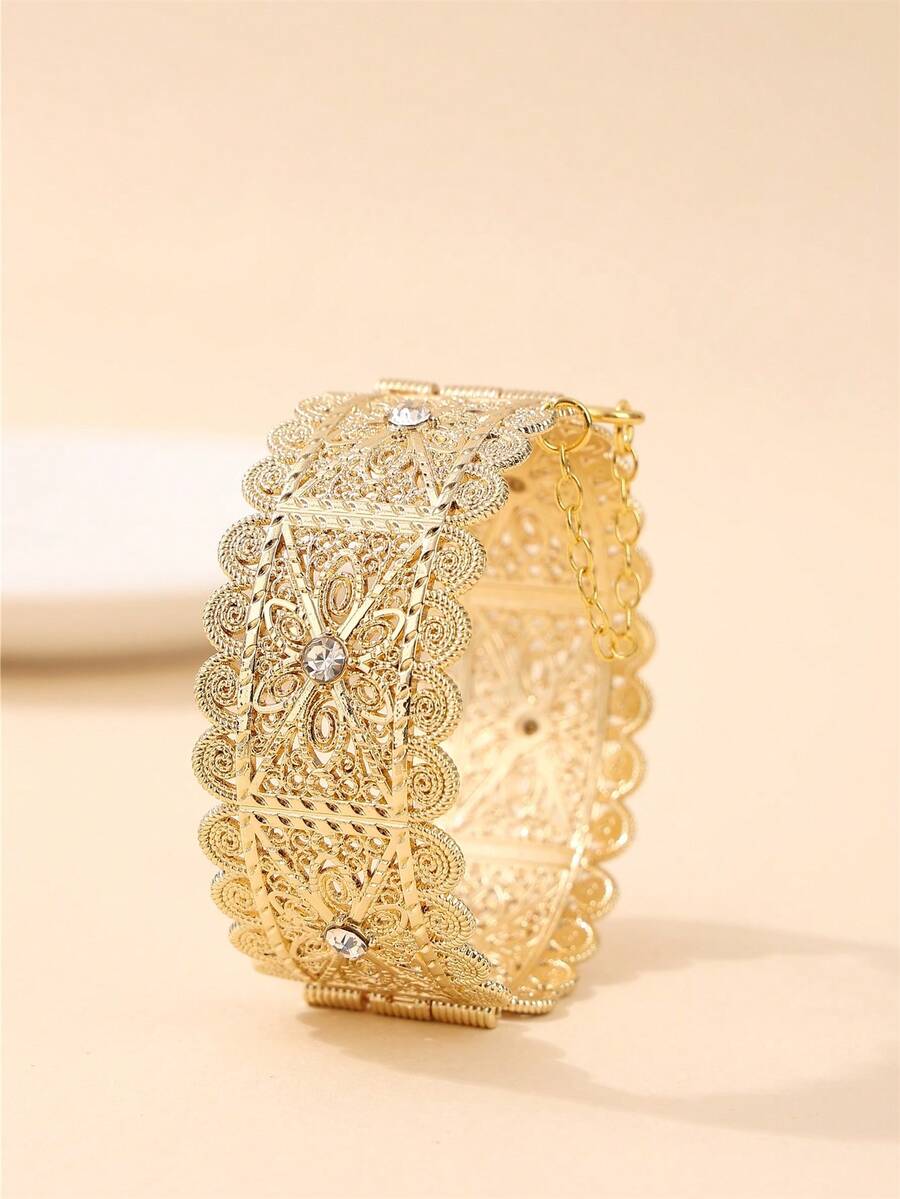 سوار أساور للنساء مطلي بالذهب، بتصميم قصر مفتوح، مناسب للأعراس والمناسبات والأعياد وعيد الحب - الذهبي - مشاهدة 1