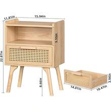 Rattan Nightstand, Boho Side Table With Drawer Open Shelf, Cane Accent Bedside End Table With Solid Wood Legs For Bedroom, Dorm And Small Spaces (Natural) - 自然的 - 查看 4