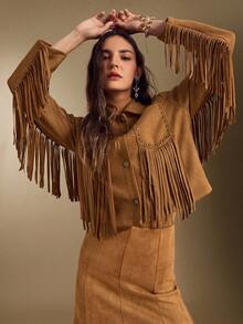 Simplee Women's Autumn/Winter New Urban Fashion Brown Faux Suede Jacket, Front Button Pockets With Rivet And Fringe Decoration, Suitable For Streetwear, Vacation, And Party Wear - Brown - View 2