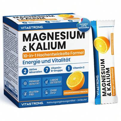 Vitastrong Magnesium und Kalium 10-in-1 – Multivitaminpräparat mit Vitamin C und B-Vitaminen, 24 Sticks, zuckerfrei, gentechnikfrei und glutenfrei, Orangengeschmack