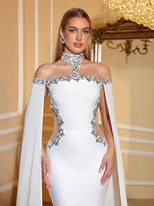 Love Aing Vestido de mujer elegante con adorno de rhinestone de Love Aing, vestido de capa blanco largo de manga larga y cuello alto ajustado, vestido de gala formal para boda, fiesta, banquete