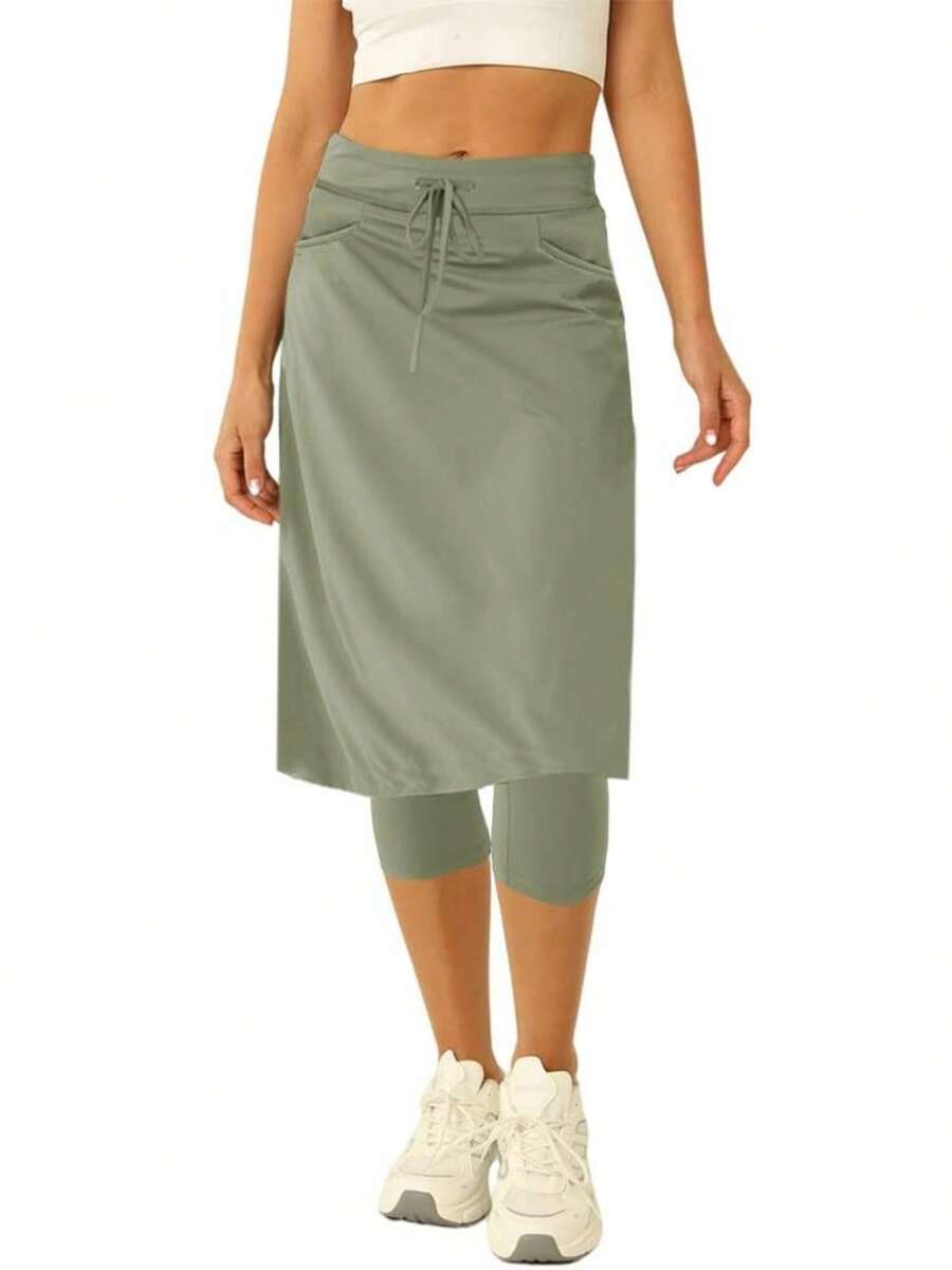 Women Skirted Golf Leggings, Built-In Shorts Tennis Skirt With Pockets - 灰綠色 - 查看 1