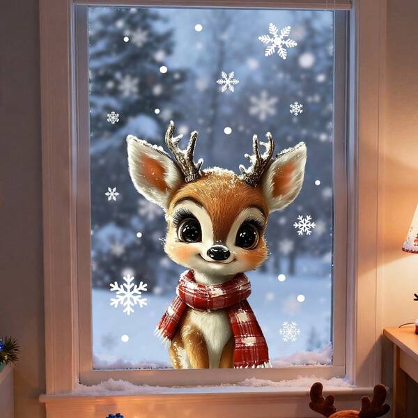 1 Stück Weihnachtsfenster Deko - Hirsch, Schneeflocken Statische Fensteraufkleber - Rückstandslos entfernbar Feiertags Dekorationen für Zuhause, Geschäfte, Glastüren - Einfach anzubringende Winter Dekorationen, Feiertags Heim Deko