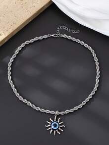 1pc Punk Gothic Western Style Twisted Chain Pendant Necklace With Bull Head & Evil Eye Charm, Unique & Fashionable Women Necklace - Silvery - View 2