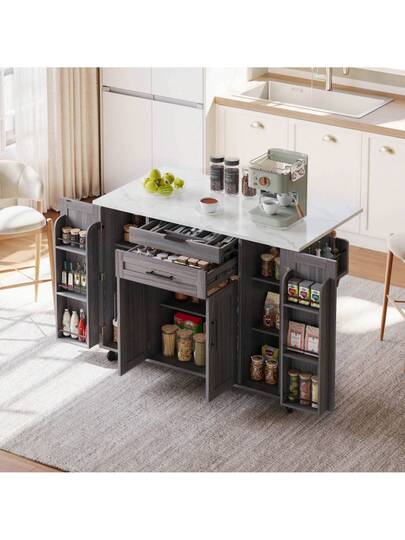 120*45cm, Mobile Kitchen Isl Trolley, Worktop Extends Up To 70cm, Hidden Cutlery Drawer, Adjustable Shelves, Spice Rack Towel Holder, Kitchen, Dining Room Or Living