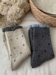 1/3/5 pares de calcetines de lana con lunares, calcetines medianos para mujer, estilo de primavera y otoño, calcetines grises, calcetines medianos de otoño e invierno - Multicolor - Ver 2