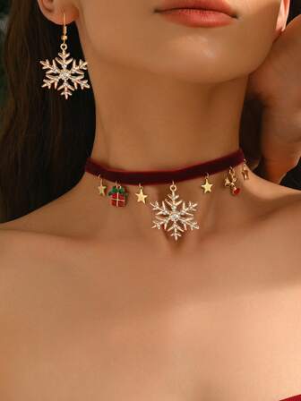 1 Set Fabric Christmas Metal Snowflake Rhinestone Deer Gift Box Tassel Pendant Choker Necklace Earrings Narrow Choker Necklace Decoration, New Year & Christmas & Valentine's Day Gift For Women