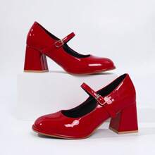 Red Patent Leather Mary Jane Shoes For Women. Classic Ankle Strap Buckle Design, Retro And Elegant. Glossy Patent Leather, Eye-Catching And Brightening. Suitable For Commuting, Dating, Parties And Other Occasions. - 紅色 - 查看 5