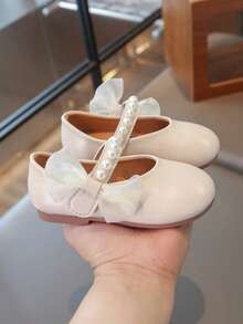 1 Pair New Baby Girls' Pearl Bow PU Hook And Loop Design Princess Style Flat Shoes, Pink, Suitable For Spring/Autumn - Beige - View 10
