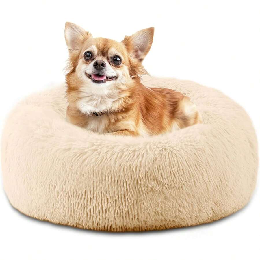 Calming Donut Washable Warming Soft Round 39-Inch Dog Bed For Large Dogs, Anti-Anxiety Fluffy Plush Cushion Bed For Pets Up To 120 Lbs, Gradient Blue - 杏色 - 查看 1
