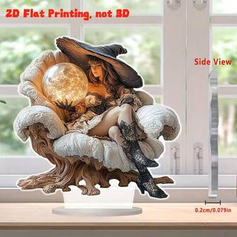 2D 平面神秘女巫水晶球桌面装饰画 - 2D 平面印刷奇幻主题亚克力艺术品，7.5x7.9 英寸，不对称波西米亚风格家居办公装饰品，无需电源，送给亲朋好友的独特礼物，迷人的悬挂装饰，神秘装饰，精致设计