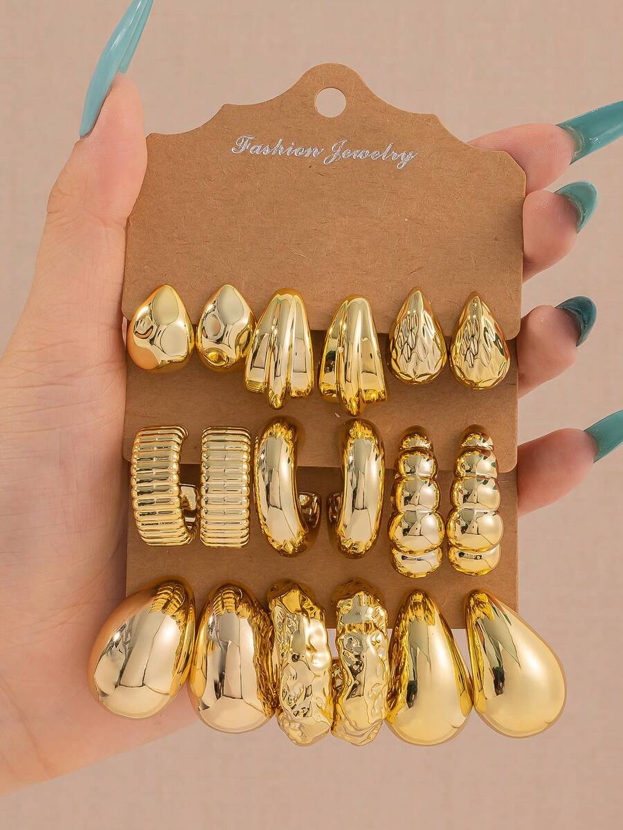 6-18pcs/Set New Asymmetrical CCB Gold Lightweight Earring Set, Textured C-Shape And Teardrop Designs, Versatile Everyday Wear For Women - Gold - View 1