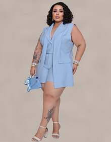 Women's Premium Plus Size Double Vest And Short Set - Azul Claro - View 4
