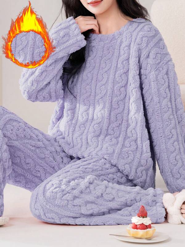 AICJ [Comfortable Pajama Set] Soft, Warm And Cozy Fleece Pajama Set For Women, Includes Long Sleeve Top And Matching Pants, Soft Polyester Loungewear, Comfortable Sleepwear For Cold Weather, Cute 2-Piece Pajama Set, Winter Clothes