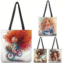 4 piezas, Bolso de tela con impresión de niña de cuento de hadas vintage y estilo caprichoso, de doble cara, bolso de compras con estampado de dibujos animados, estilo bohemio y académico, ideal para regalos de Otoño, Acción de Gracias y Pascua, adecuado para uso diario, picnics, vacaciones en la playa, trabajo y escuela, 16in*14in