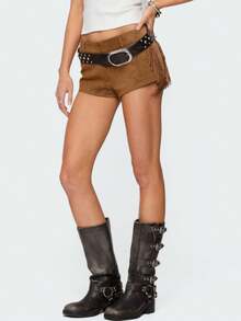 Western Tassel Trim Shorts Rodeo Fringe Suedette Shorts For Women Vintage Mid Rise Mini Shorts Slim Fit Shorts Party Club Fringes Shorts Cowgirl Outfit - Màu Khaki - Xem 6