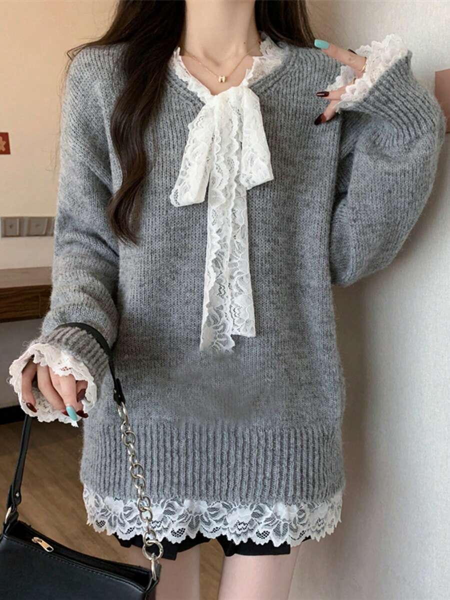 Loose V-Neck Gray Long Sleeve Sweater With Lace Patchwork And Bowknot, Suitable For Christmas, New Year, Commuting, And Dating