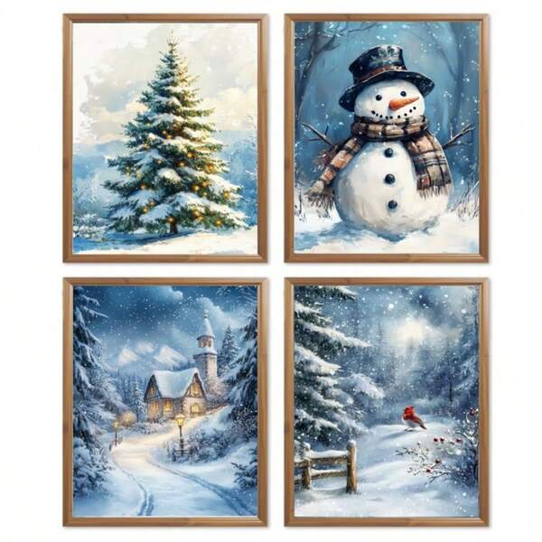 4pcs Winter Wonderland Vintage Christmas Wall Art Prints, Frameless Design, 8x10 Inches, 2D Flat Pattern, Paper Material, Blue Christmas Tree & Snowman Wall Decor, Suitable For Living Room, Home, Dorm, House, Kitchen, Bedroom, Bathroom, Office Winter Christmas Decoration, Ideal Christmas Gift, Perfect For Room Decor