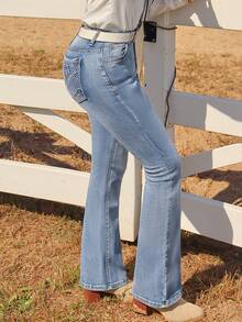 Women's High Waist Flare Jeans With Stitched Pocket Detail, Washed Light Blue Denim For Western & Casual Wear - Màu xanh lam vừa phải - Xem 4