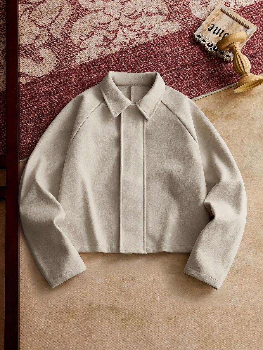 Men's Boxy Casual Turndown Collar Long Sleeve Jacket, Suitable For Autumn/Winter - Khaki - View 1