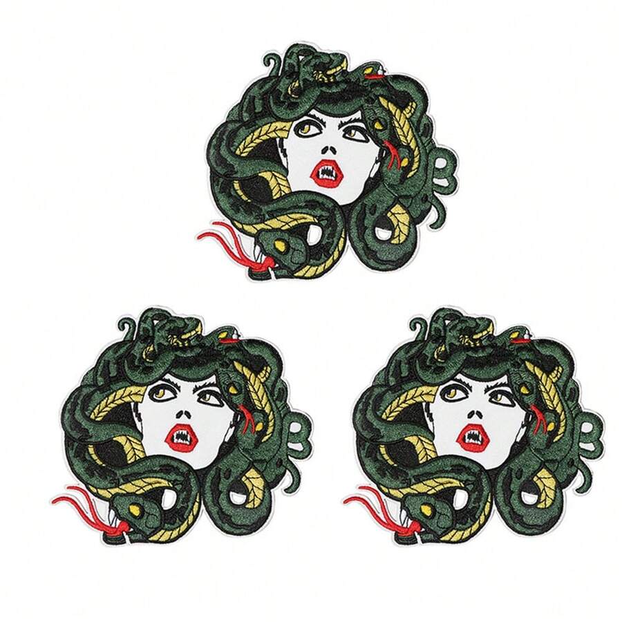 3pcs Large Greek Mythology Embroidered Heat Transfer Patches - Medusa With Serpent Hair, Black & Golden Design For DIY Clothing Accessories, Casual Style, Iron-On Appliques, Embroidery Iron On Patches, Mythical Design, Durable Embroidery - 彩色 - 查看 1