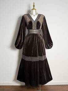 Rusttydustty 大码女士波西米亚风茶会及日常度假天鹅绒V领连衣裙，巧克力棕色长袖优雅礼服 - 棕色 - 查看 5