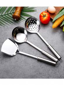 Zestaw 2/5 szt. ze stali nierdzewnej z uchwytem odpornym na ciepło: szpatułka, chochla, sitko - Wielokolorowe - Zobacz 6