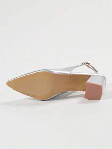 女式简约后绑带性感派对高跟鞋，时尚金属装饰粗跟尖头黑色高跟鞋，适合圣诞节、新年、秋冬婚礼、户外度假 - 銀色 - 查看 7